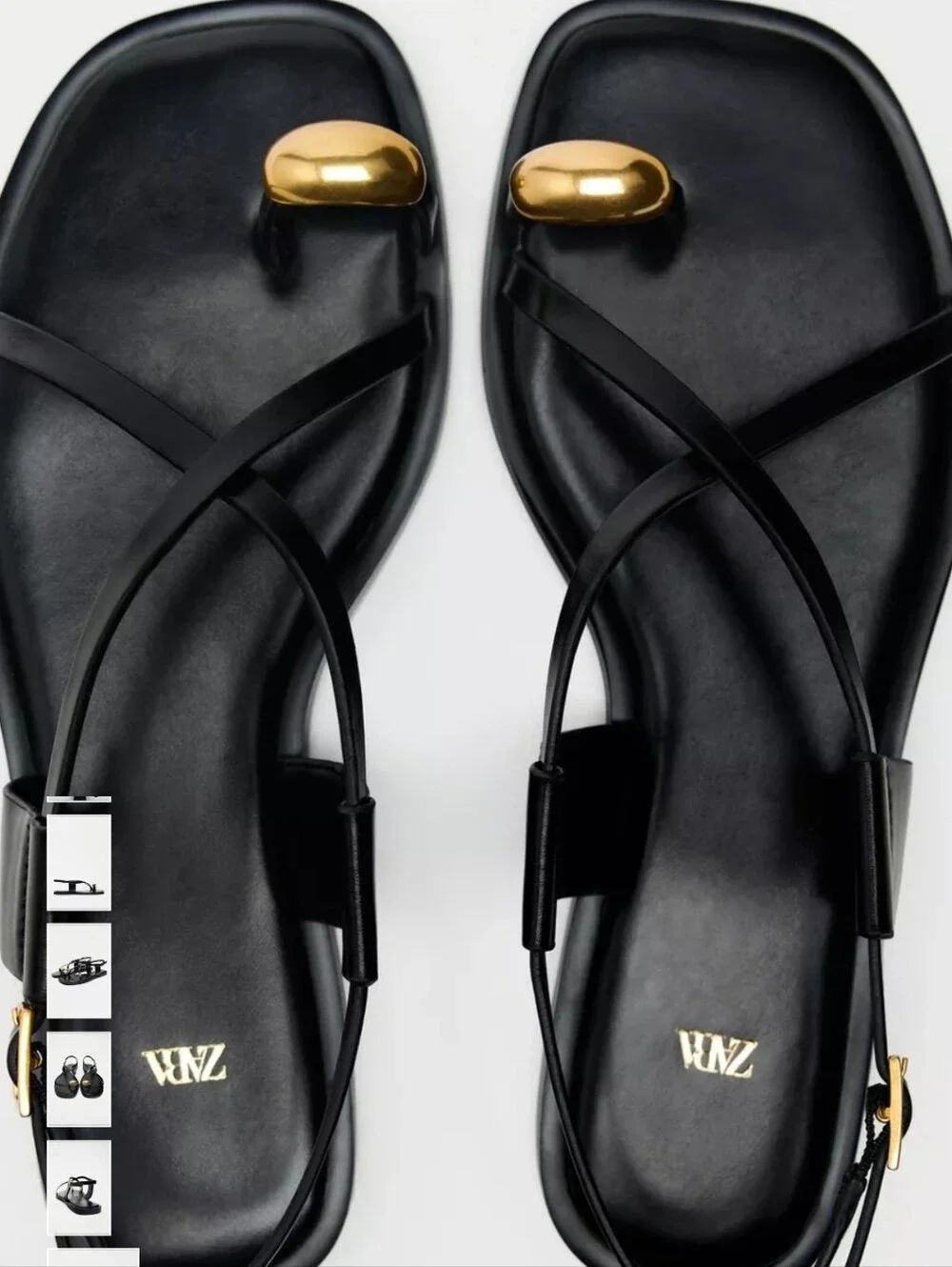 ​ZARA Black Flat Sandals Gold Toe Loop Hardware Size US 6.5 EU 37 New With Tags - Picture 3 of 11